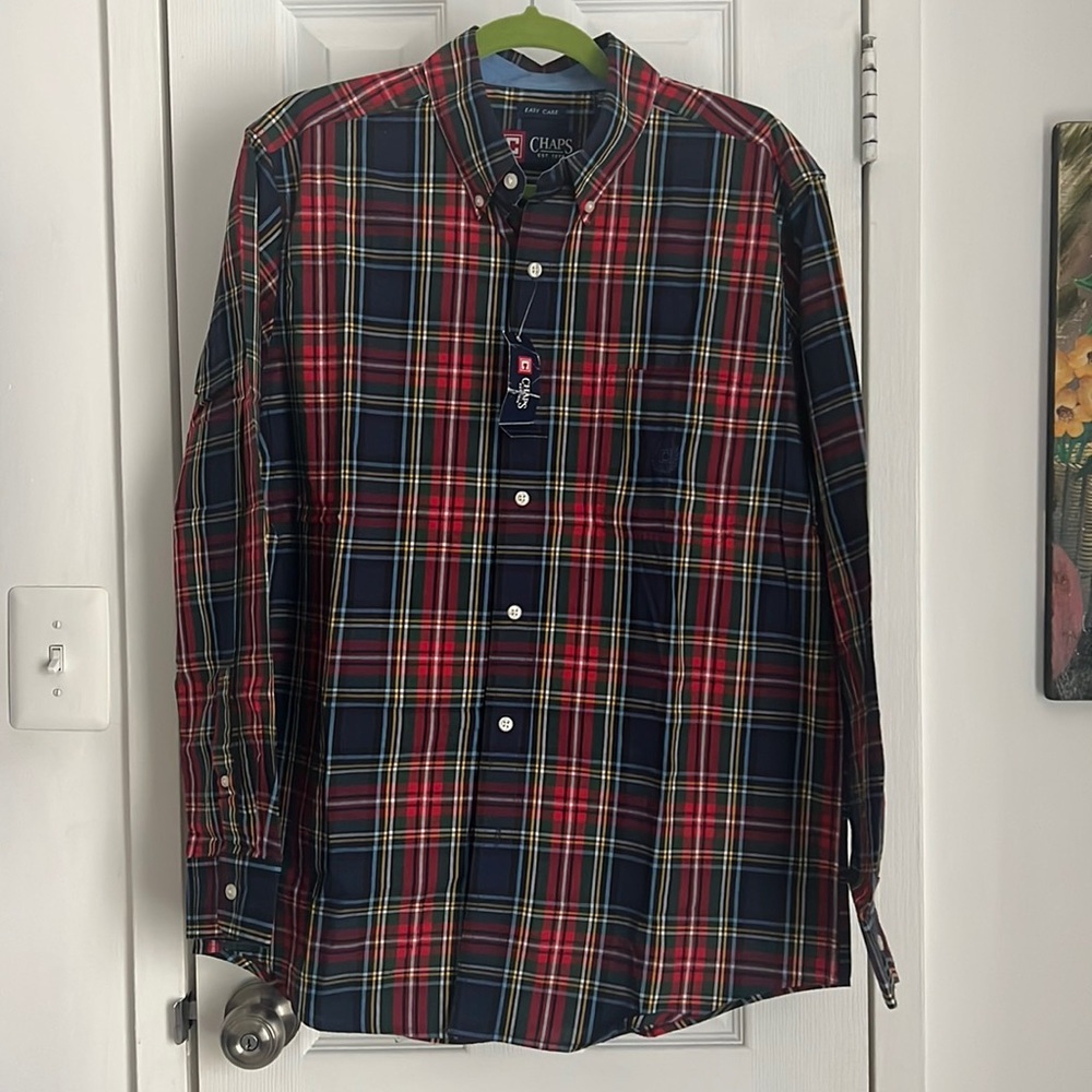🆕 Chaps Mens Red Plaid Long Sleeve Button Up Shirt Sz M